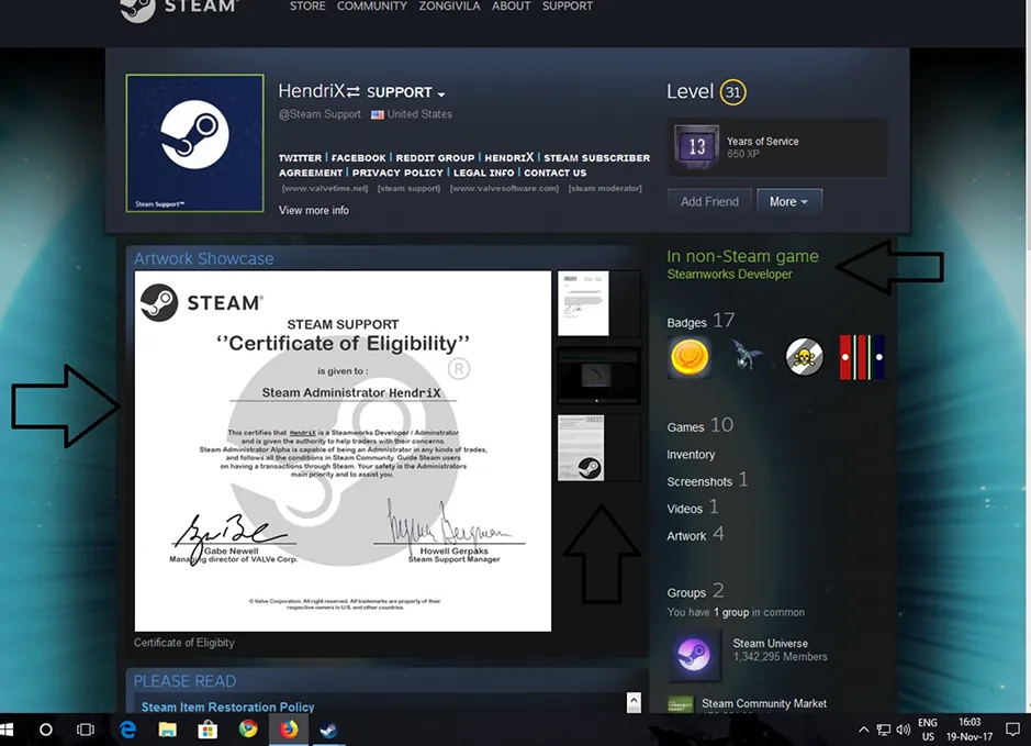Falskt Steam supportkonto som använder ett fejkat eligibilitetscertifikat och titeln 'SUPPORT' för att framstå som en officiell Steam-administratör.