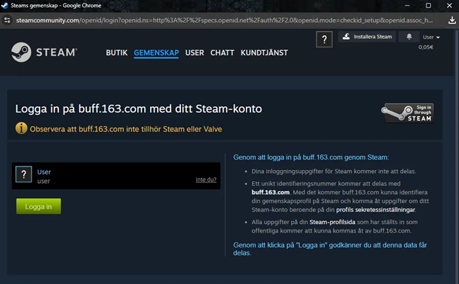 Steams OpenID-inloggningsruta för buff.163.com, som exempel på hur en tredjepartssida använder Steams standardiserade inloggningsflöde.