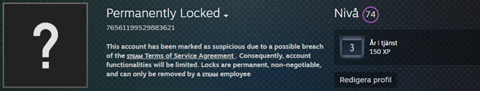 Steam-profil där bedragaren har ändrat namn och beskrivning till en falsk 'Permanently Locked'-varning för att lura ägaren att kontakta ett fejkat supportkonto.