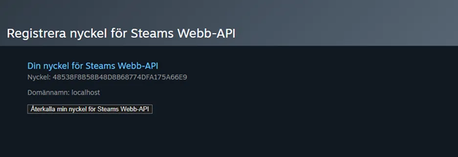 Steams sida för Webb-API-nycklar som visar en aktiv nyckel registrerad med domännamnet 'localhost', samt knappen 'Återkalla min nyckel för Steams Webb-API'.